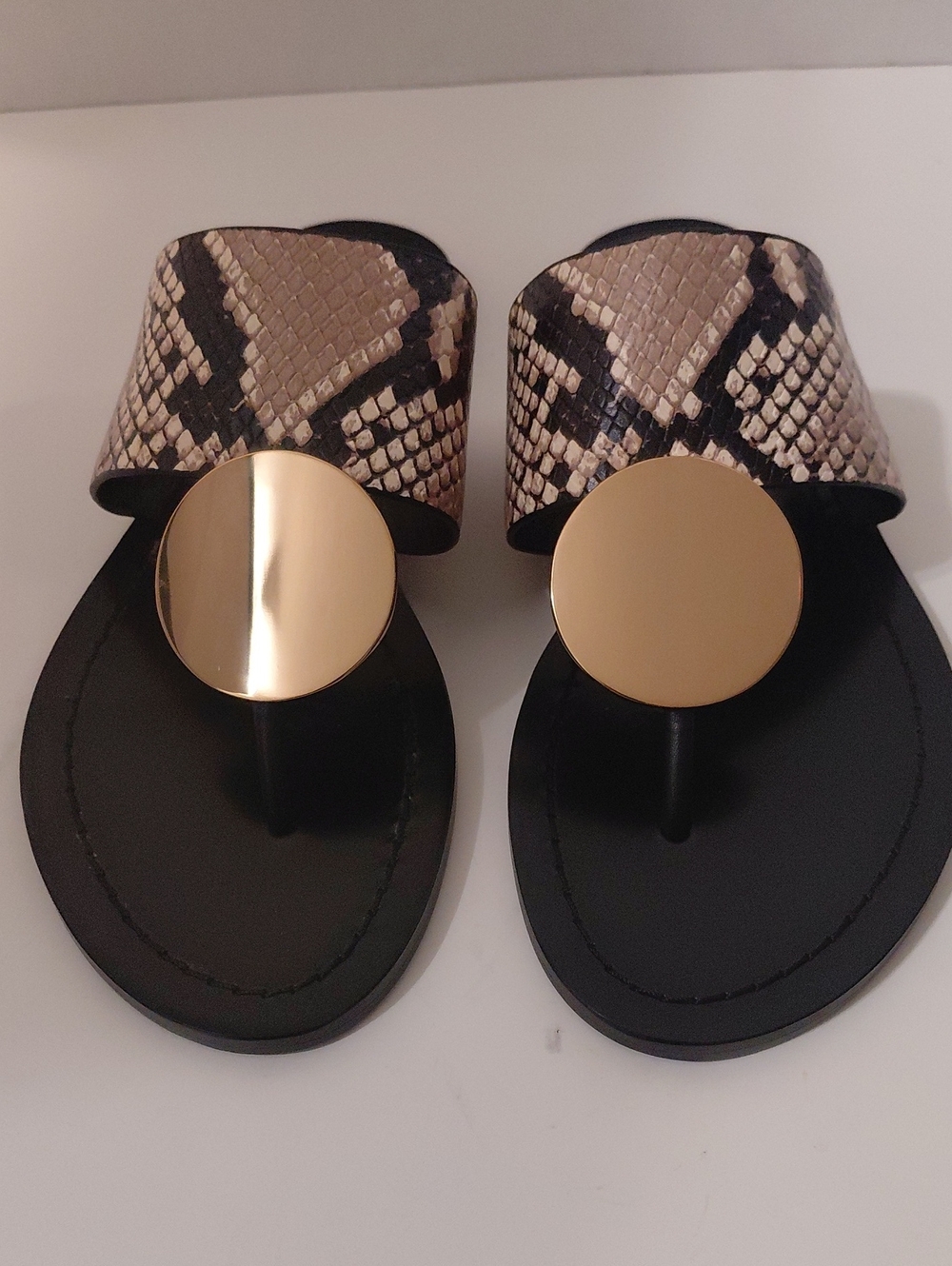 Tory Burch Black Sandals with Snake-Print and Gold Disc